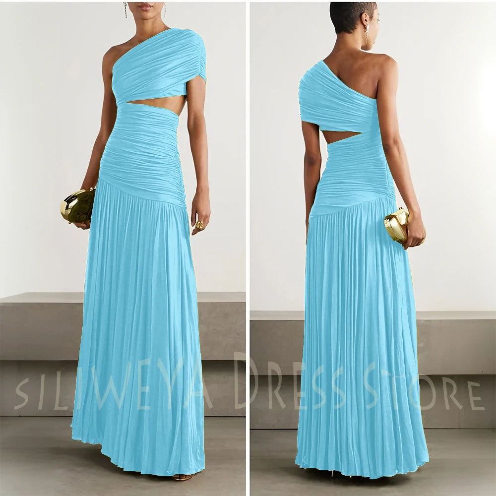 Green Evening Dresses Elegant Women One Shoulder Sleeveless Floor Length A Line Party Celebrity Prom Female Gowns Classic