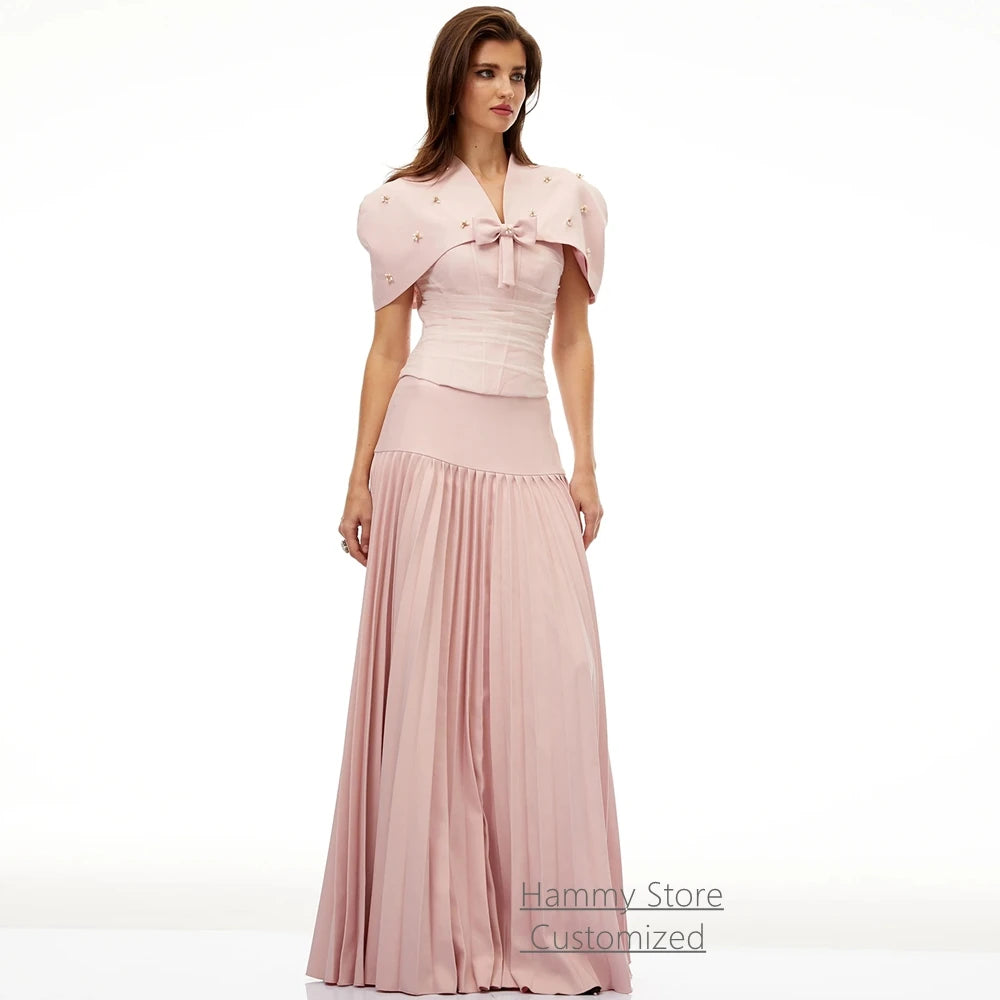Evening Dress Modern Strapless Sleeveless Two Piece Pleat Skirt A Line Arabian Party Gown with Beading Cape Prom Dresses
