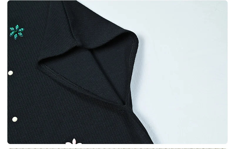 Maxi Dress Women Long Sleeve Lady Dresses Flowers and Pearls Top Casual Dress Round Neck Black Modal Ribbed Top Sizes XS-XXXL