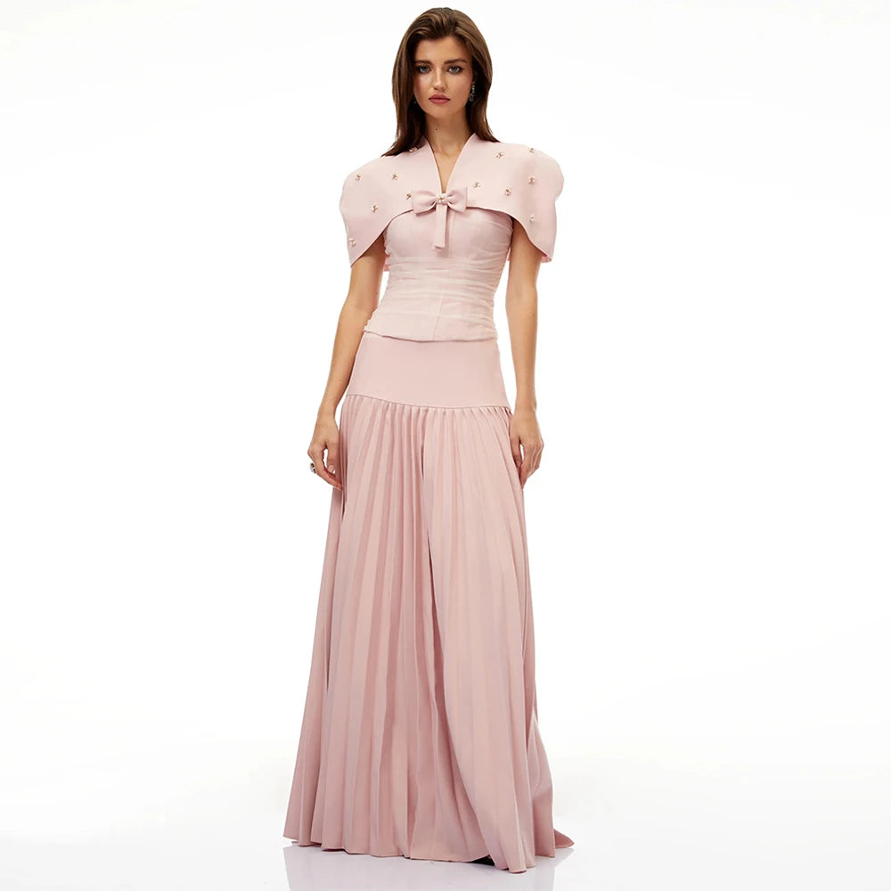 Evening Dress Modern Strapless Sleeveless Two Piece Pleat Skirt A Line Arabian Party Gown with Beading Cape Prom Dresses
