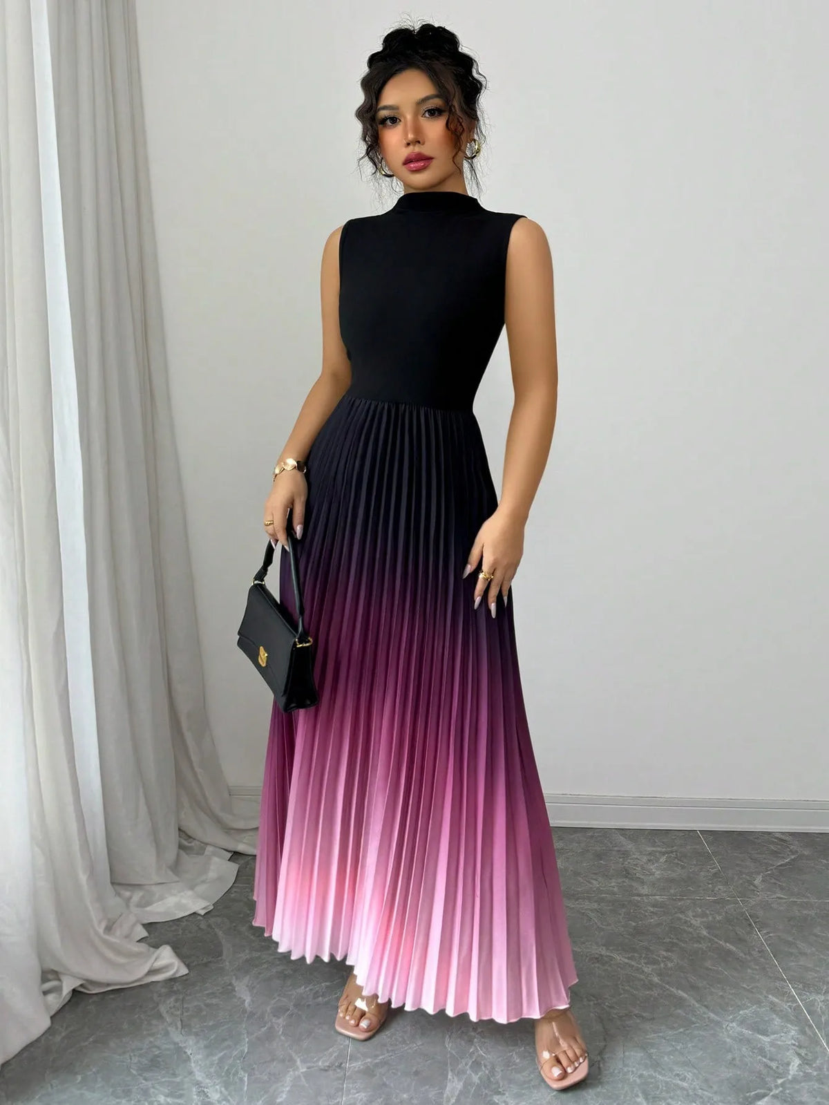 Fashion Maxi Dress Vestidos Dresses Contrast Gradient Sleeveless Slim All-match Simple Style Pleated Party Dresses Evening Gown