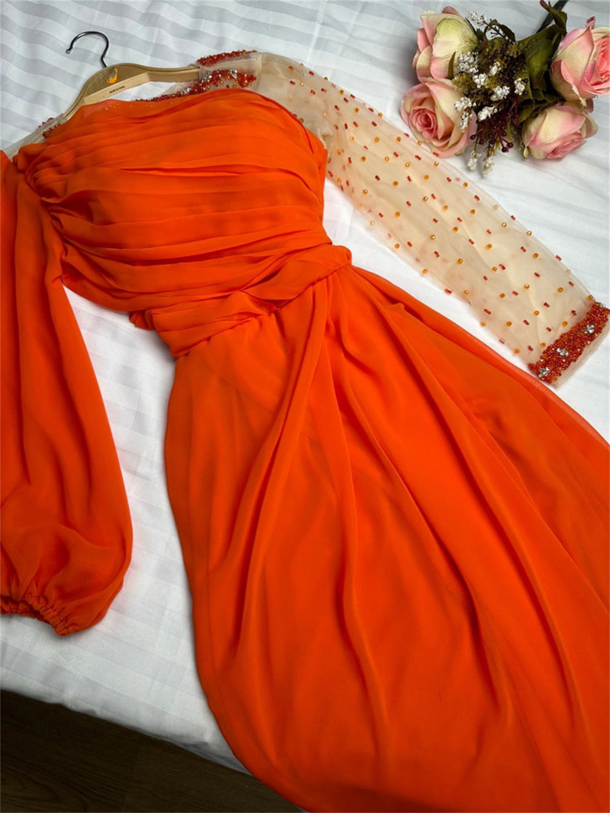 Formal Occasion Dresses Saudi Arabia Women's Prom Dresses Beaded Long Sleeves Floor Length Evening Gowns Female Dress customized