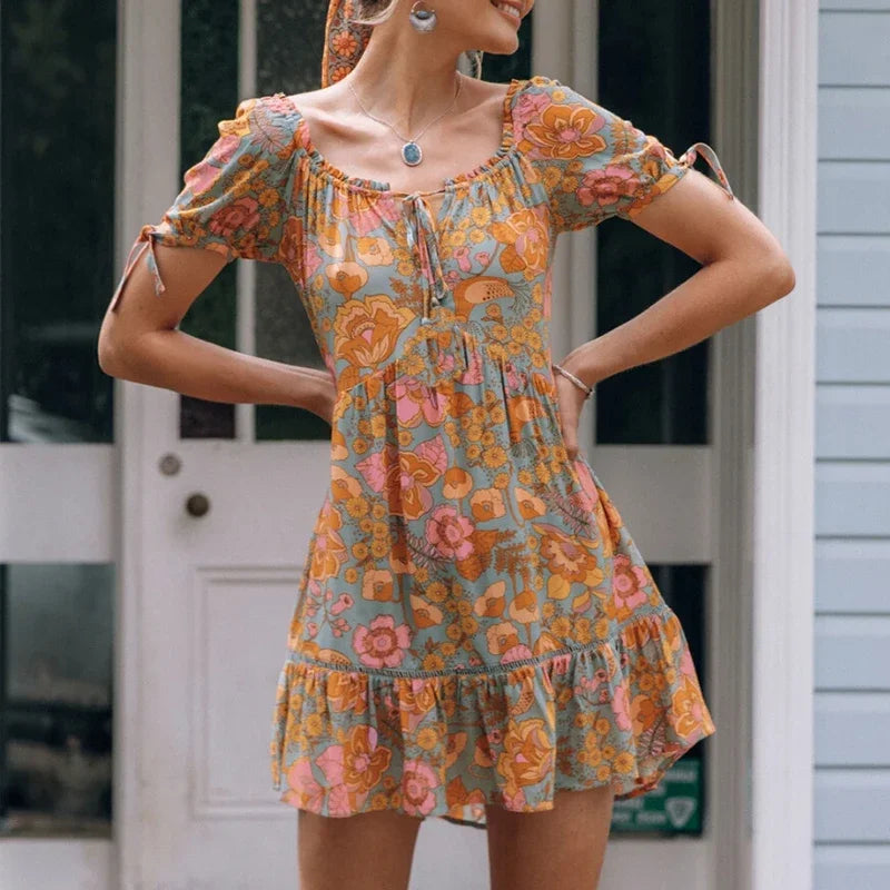 Short puff sleeve mini dresses women  vintage o neck cotton Rayon orange foral printed summer dress vestidos beach boho robe