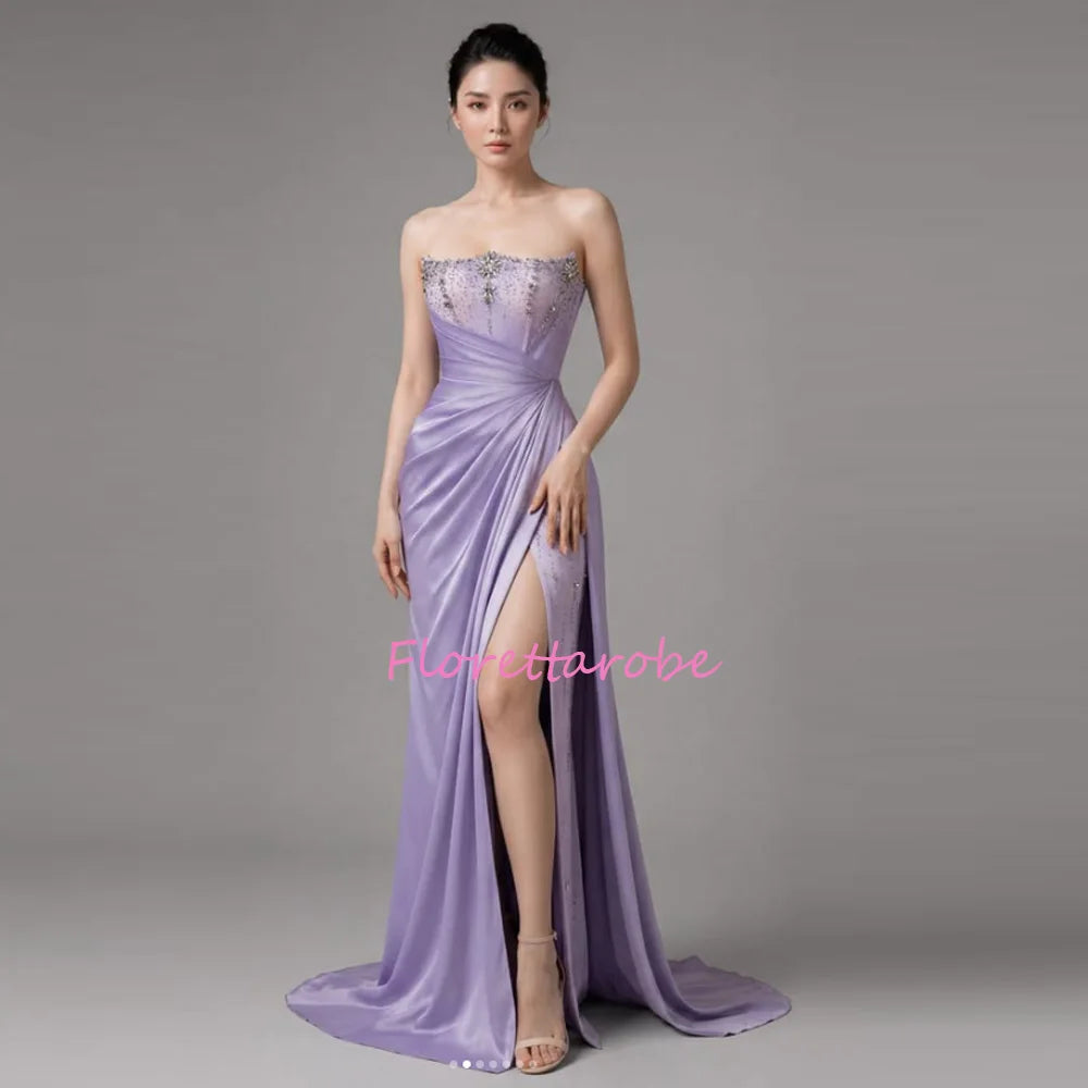 Customized Satin Luxury Women Evening Dresses For Formal Occasion Pleats Crystal Side Slit Strapless Prom Dress