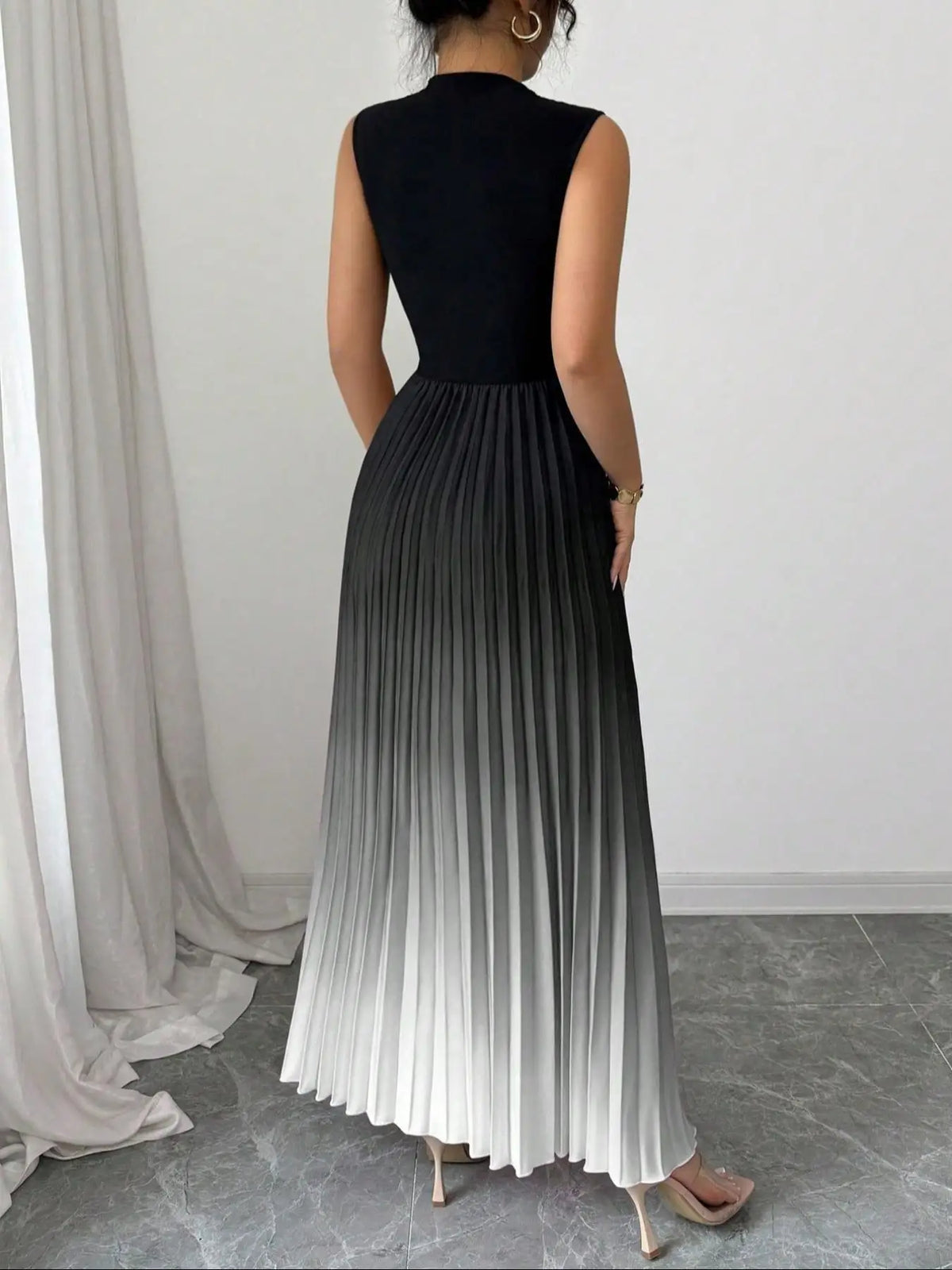 Fashion Maxi Dress Vestidos Dresses Contrast Gradient Sleeveless Slim All-match Simple Style Pleated Party Dresses Evening Gown
