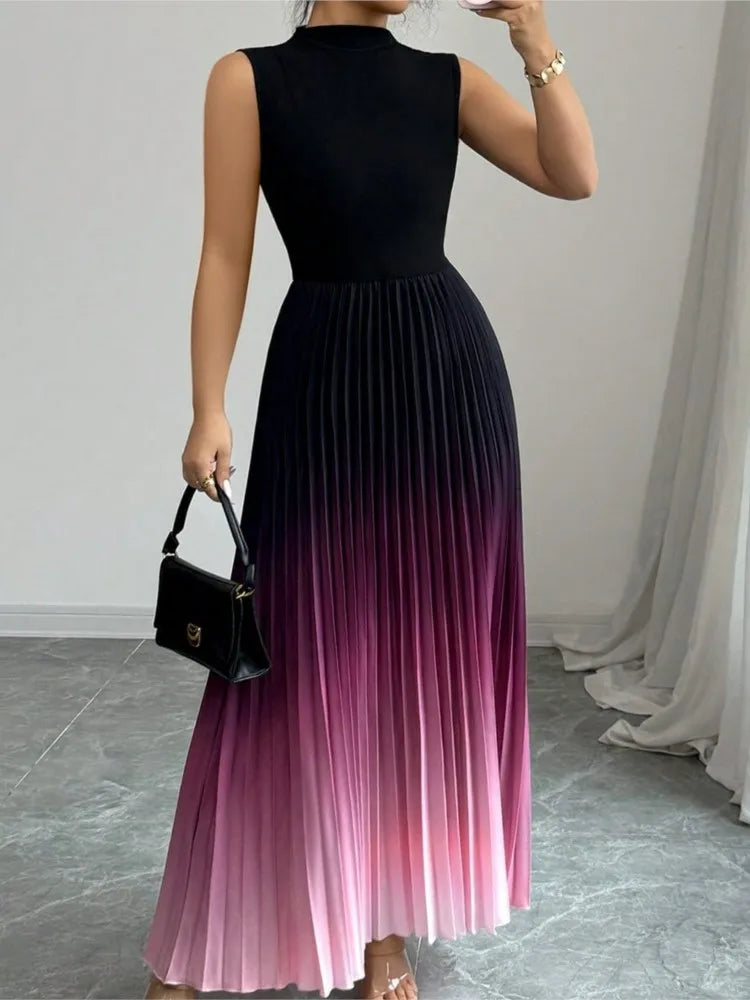 Fashion Maxi Dress Vestidos Dresses Contrast Gradient Sleeveless Slim All-match Simple Style Pleated Party Dresses Evening Gown